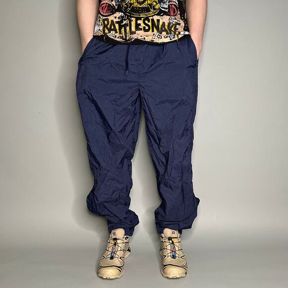 Vintage Reebok Track Pants Navy Blue Nylon Joggers White Embroidered Logo 90s - Picture 2 of 4